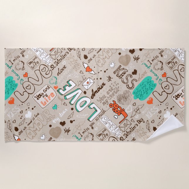 Love Quotes Doodle Pattern Beach Towel (Front)