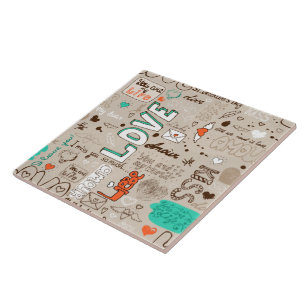 Love Quotes Doodle Pattern Ceramic Tile