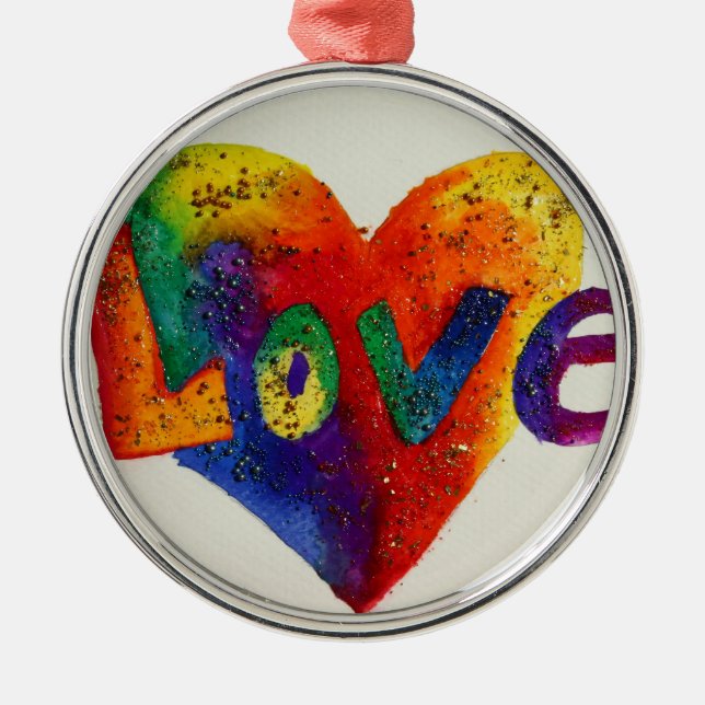 Love Rainbow Heart Glitter Word Art Ornament (Front)