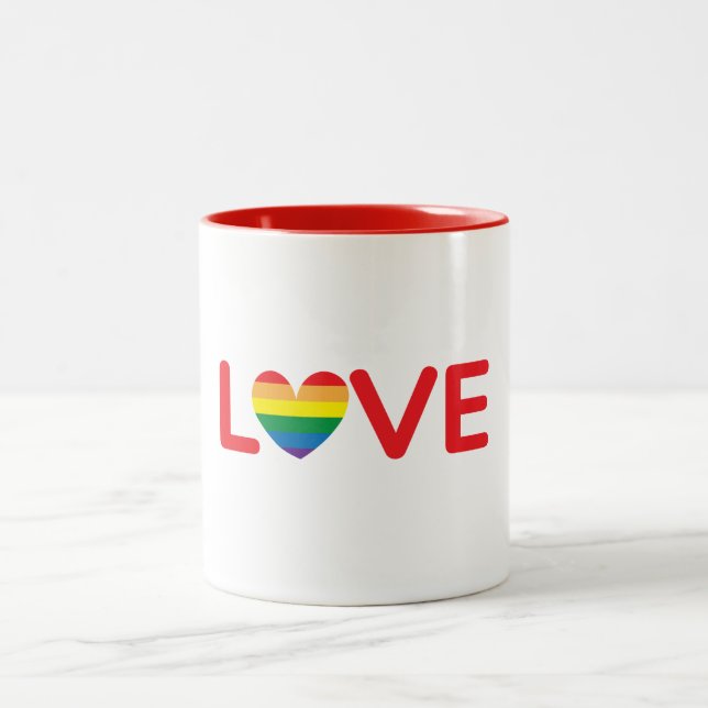 Love Rainbow Heart Typographic Two-Tone Coffee Mug (Center)