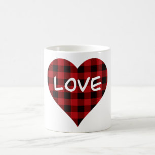 Love, red buffalo plaid pattern, valentine heart coffee mug