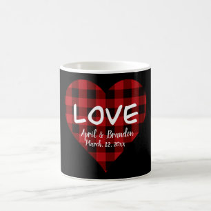 Love, red buffalo plaid pattern, valentine heart coffee mug