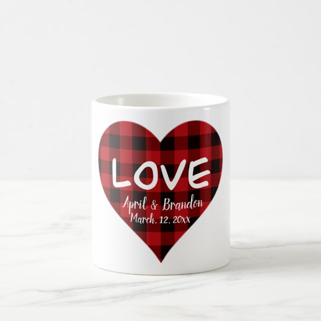 Love, red buffalo plaid pattern, valentine heart coffee mug (Center)