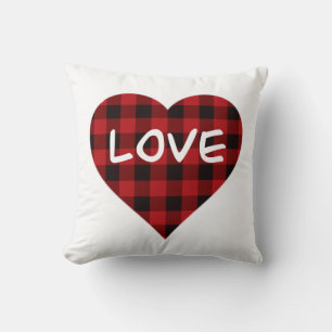 Love, red buffalo plaid pattern, valentine heart cushion