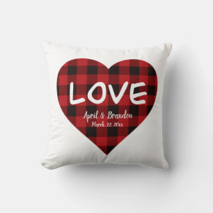 Love, red buffalo plaid pattern, valentine heart cushion
