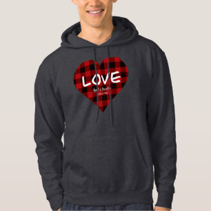 Love, red buffalo plaid pattern, valentine hoodie