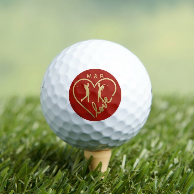 Love Red Heart Golfers Monogram Initials Golf Balls (Insitu Tee)