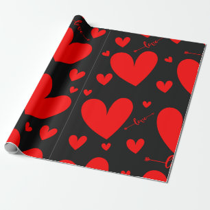 Love, Red Hearts on Black Background Wrapping Paper