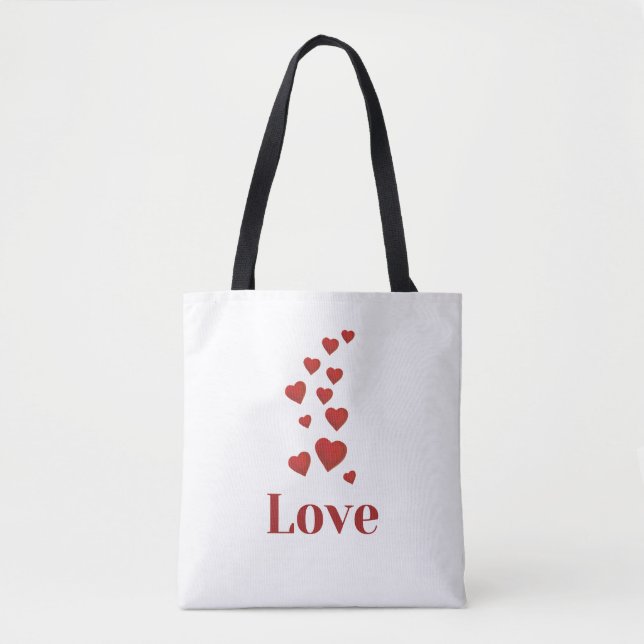 LOVE, red hearts, white tote bag. (Front)