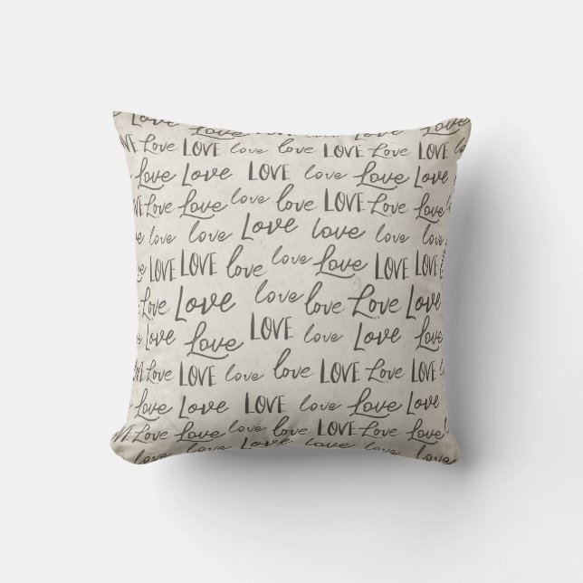 "Love" repeat Typography sepia, Calligraphy Script Cushion (Front)