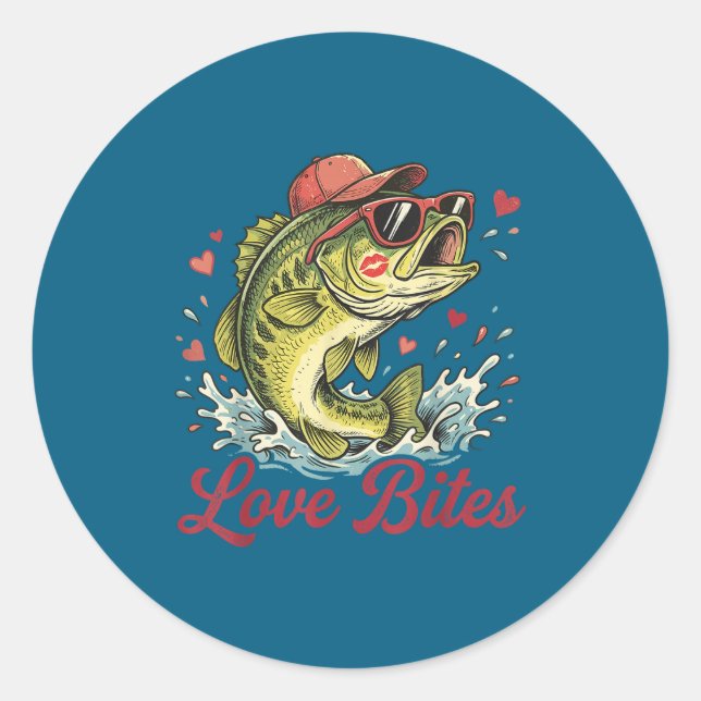 Love Retro Bites Fishing Fisherman Valentines Day  Classic Round Sticker (Front)