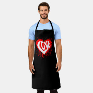 Love Retro Red Heart Valentine White Text  Apron