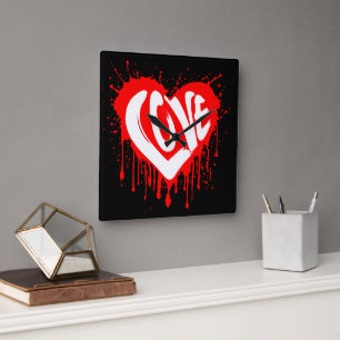 Love Retro Red Heart Valentine White Text  Square Wall Clock
