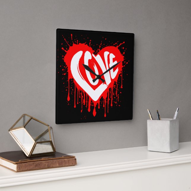 Love Retro Red Heart Valentine White Text  Square Wall Clock (Office)