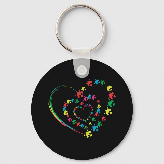 Love Ribbon Heart Puzzle Autism Awareness Gift Key Ring (Front)