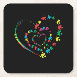 Love Ribbon Heart Puzzle Autism Awareness Gift Square Paper Coaster