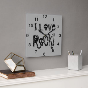 Love Rock Skulls Black Grey Wall Clock