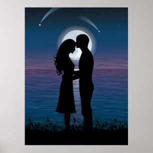 Love Romance Silhouette Couple On The Lake Coast Poster