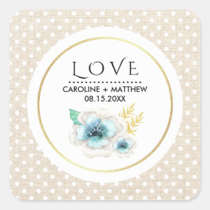 Love. Romantic Floral Burlap Texture Wedding  Square Sticker