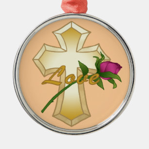 Love Rose Christian Cross Metal Ornament