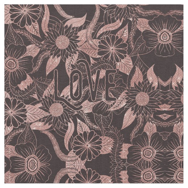 Love Rose Gold Glitter Girly Flowers Pattern Fabric (Close Up)