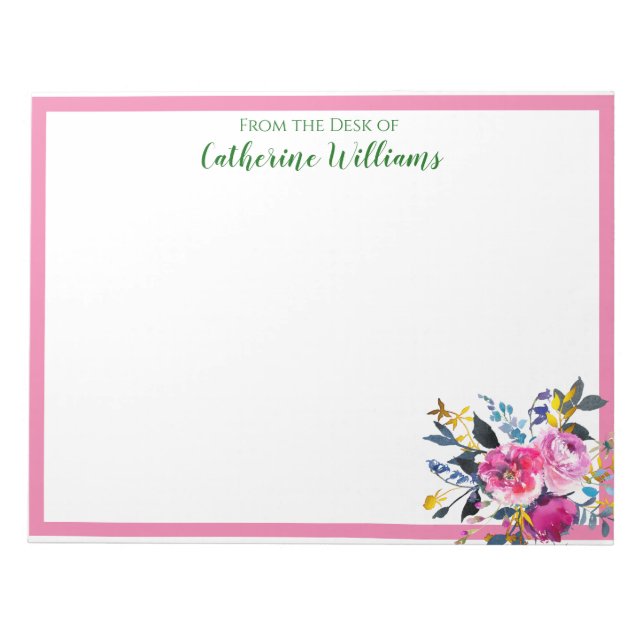 Love Roses Boho Floral Bouquet Emerald Green Name Notepad (Front)