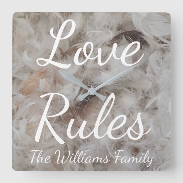 Love Rules Bird Feathers Photography Elegant Square Wall Clock (Front)
