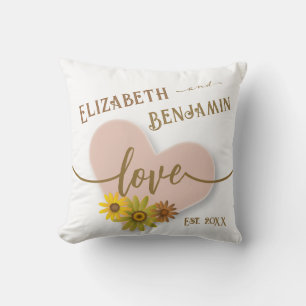 Love Rustic Peach Heart with Flowers Typography Cushion