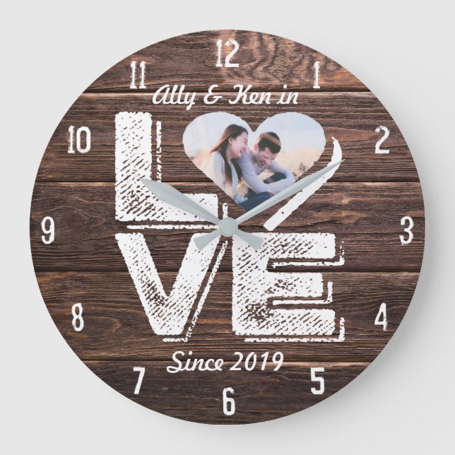 Love Rustic Woodland Photo Heart Frame Monogram Large Clock (Front)