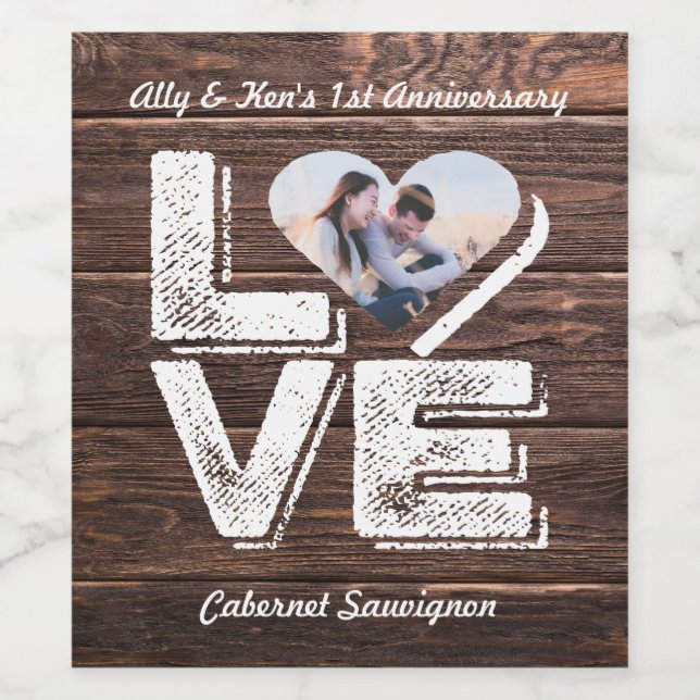 Love Rustic Woodland Photo Heart Frame Monogram Wine Label (Single Label)