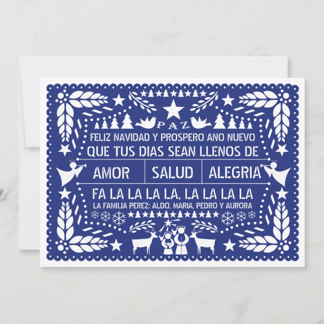 Love, salud, cheeked blue Christmas paper Holiday Card (Front)