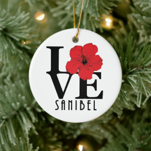 LOVE Sanibel Red Hibiscua Ceramic Ornament