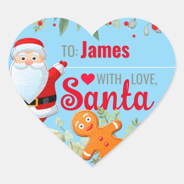 "Love, Santa" Gingerbread Custom Christmas Blue Heart Sticker (Front)