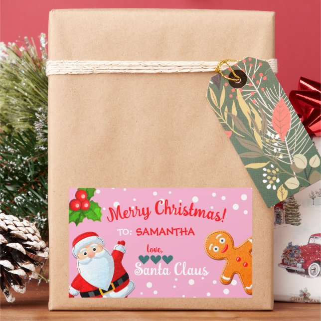 Love, Santa & Gingerbread Custom Pink Christmas Rectangular Sticker (Holiday)