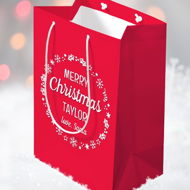 Love Santa Merry Christmas Custom Name Red Medium Gift Bag (Creator Uploaded)