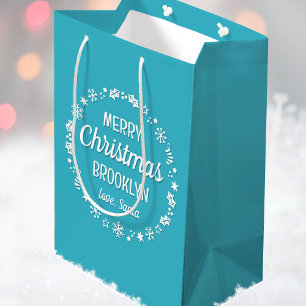 Love Santa Merry Christmas Custom Name Teal Medium Gift Bag