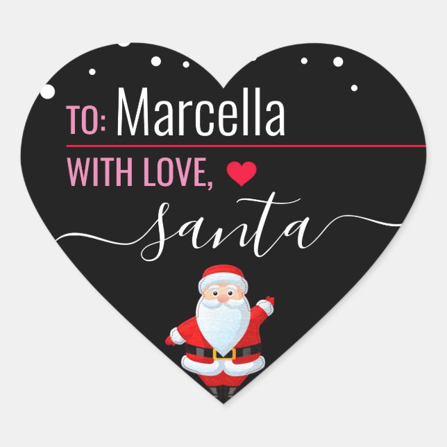 "Love, Santa" Pink & Black Custom Christmas Gift Heart Sticker (Front)