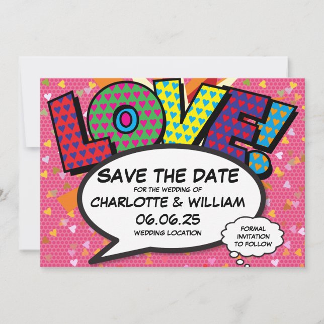 LOVE Save the Date Fun Retro Comic Book Pop Art (Front)