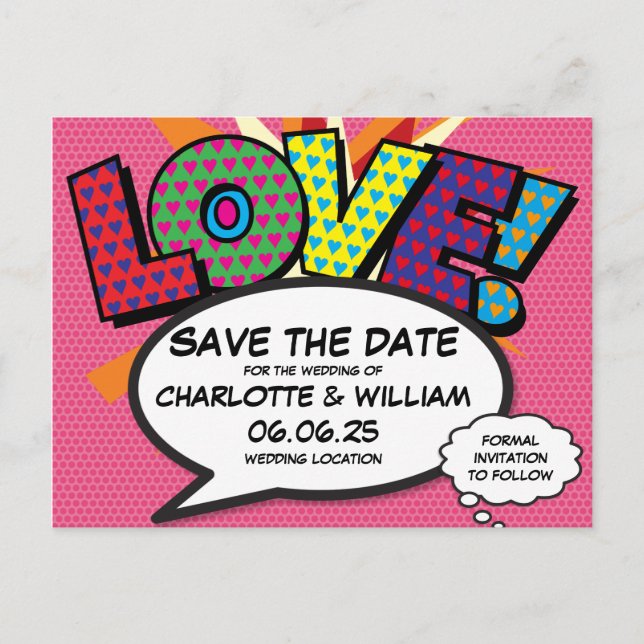 LOVE Save the Date Fun Retro Comic Book Pop Art Announcement Postcard (Front)