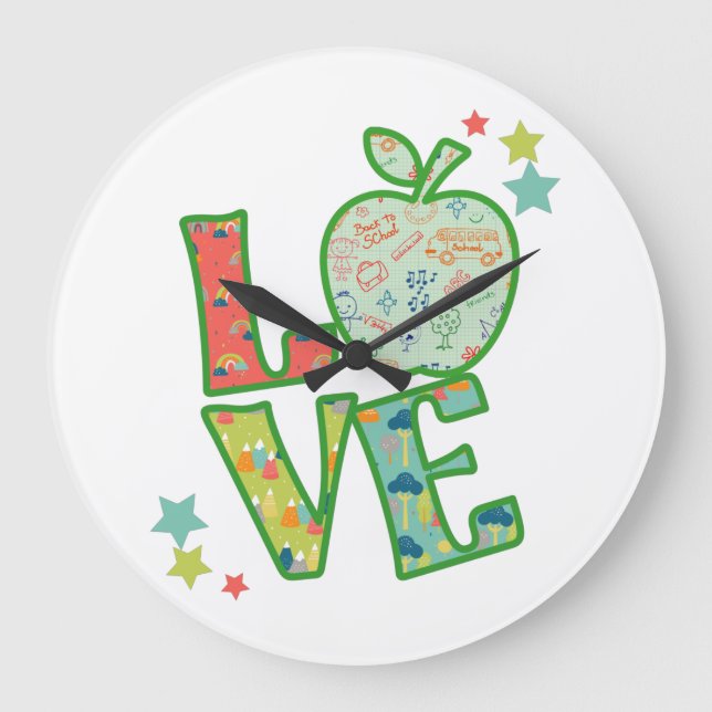 Love School Apple, Drawn Back to School Large Clock (Front)