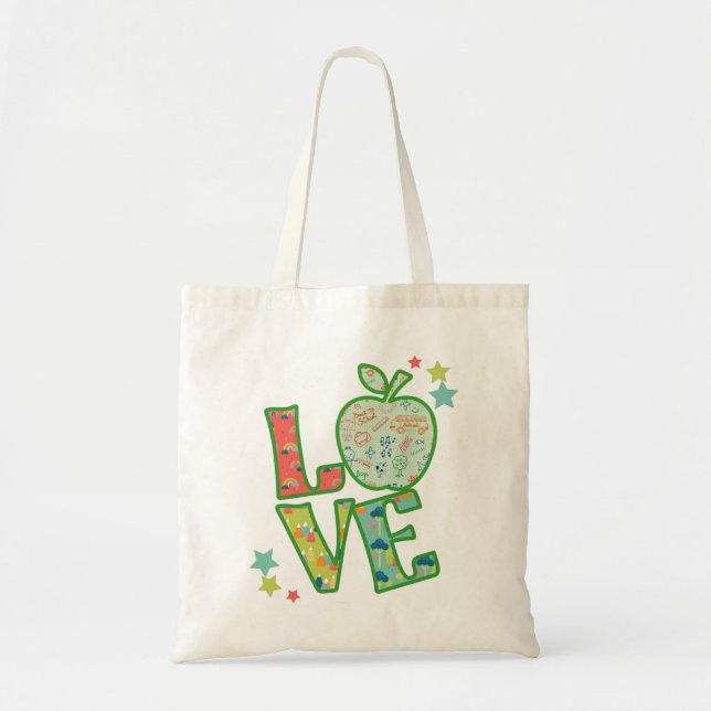 Love School Apple, Drawn Back to School Tote Bag (Front)