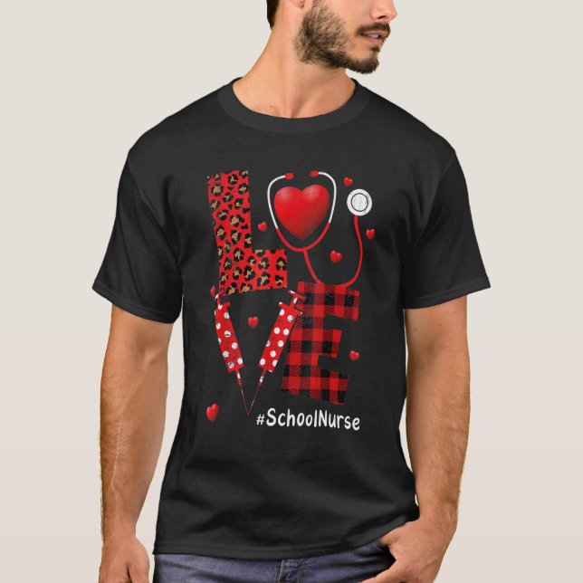 love School Nurse stethoscope Valentine Day heart T-Shirt (Front)
