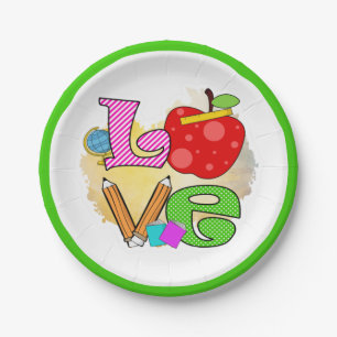Love School Teacher Student Drawing Apple Pencils Paper Plate