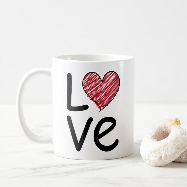 Love Scribbled Hand Drawn Red Heart Minimalist Coffee Mug (With Donut)