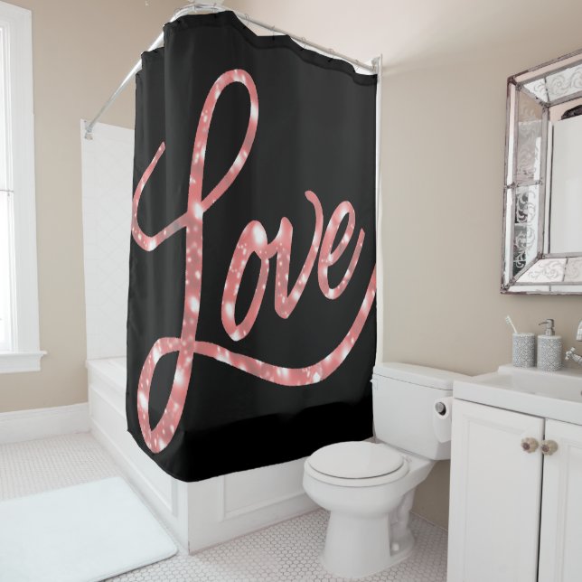 Love Script | Black and Pink Glitter Stars Sparkle Shower Curtain (In Situ)