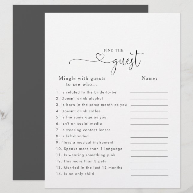 Love Script Bridal Shower Find the Guest Game (Front/Back)