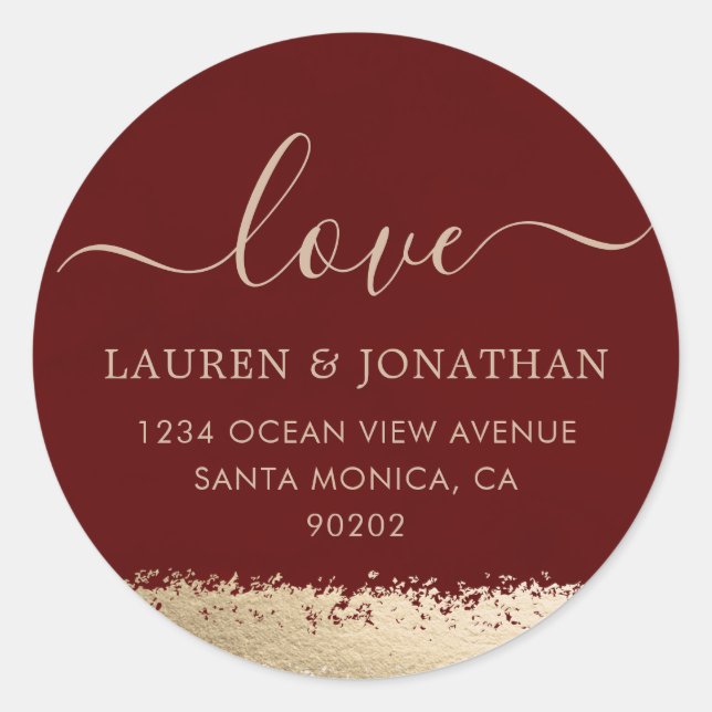 Love Script, Burgundy and Gold Foil Wedding Classic Round Sticker (Front)