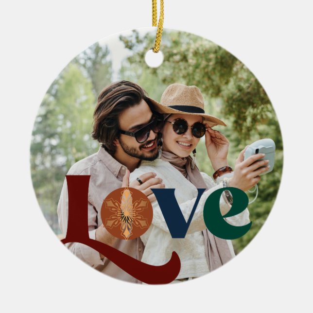 Love script couple photo first Christmas together Ceramic Ornament (Front)