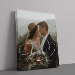 Love script elegant wedding photo faux canvas print<br><div class="desc">Personalise this Love heart calligraphy script custom photo canvas print with bride and groom's names and wedding date and place. Could be a perfect keepsake gift for the newlyweds.</div>