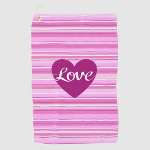 Love Script & Heart on Stripes Pinks White Plum Golf Towel